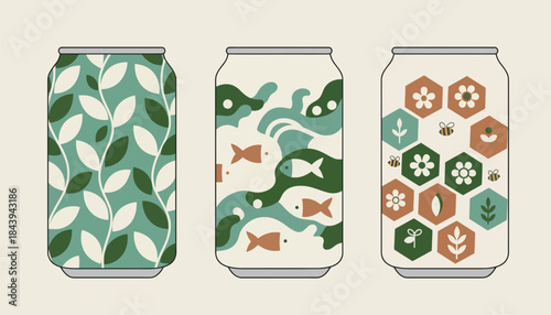 A set of recyclable aluminum cans each adorned with intricate patterns inspired by nature illustrating a move towards sustainable beverage packaging.