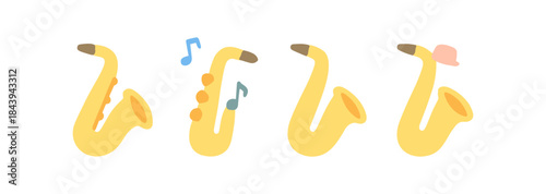 Playful saxophone icons with musical notes and accessories