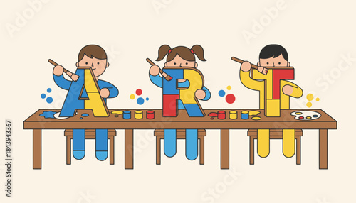 A creative art station where children paint large wooden letters in bright colors showcasing their imagination and artistic expression in letter formation.