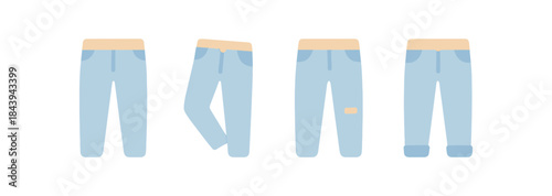 Flat style blue jeans collection with minimalist fashion design