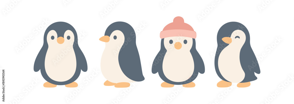 Obraz premium Cute cartoon penguins with winter hat in flat style
