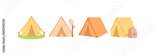 Flat style camping tents collection with campfire and backpack