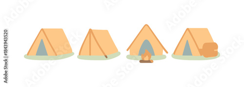Minimalist camping tent collection with campfire and backpack elements