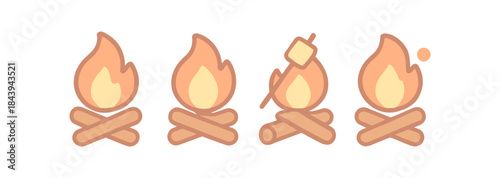 Cute linear campfire icons with roasting marshmallow in minimalist style