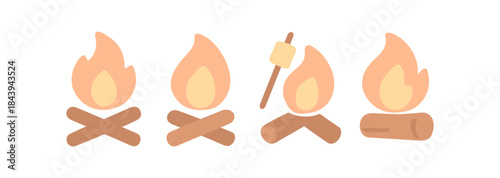 Flat design campfire icons with toasting marshmallow
