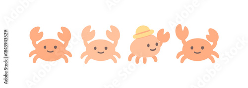 Cute cartoon crabs with hats in minimalist style on white background