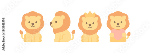Cute cartoon lion set with crown and heart in pastel style