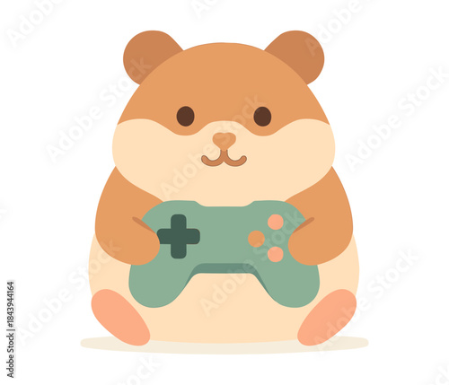 Cute cartoon hamster playing video games with controller in minimalist style