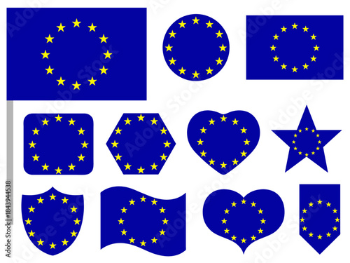 European Union flag icon set in different shapes isolated on white background