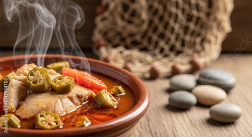 Fresh Chadian Okra and Fish Stew with Lake Chad Fish in Ceramic Bowl – Fishing Net & Lake Chad Stone Styling