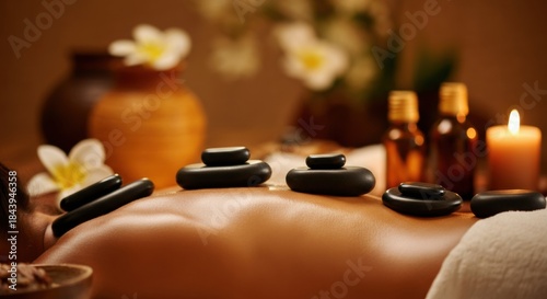 Woman receiving hot stone massage on back in warm spa setting with candles