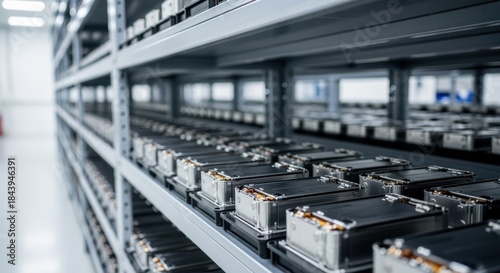 Industrial shelving storing freshly assembled lithiumion battery cells under regulated dryroom conditions before packaging.