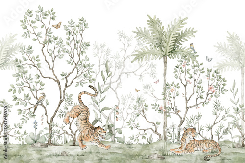 Foto Watercolor seamless border with chinoiserie motifs