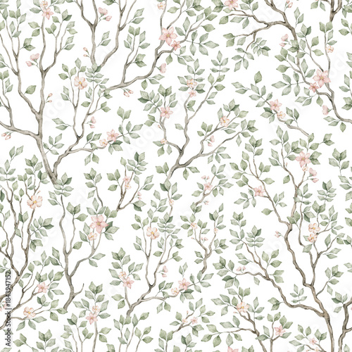 Watercolor seamless floral pattern with branches, leaves, flowers. Tree branches, blossom nature. 