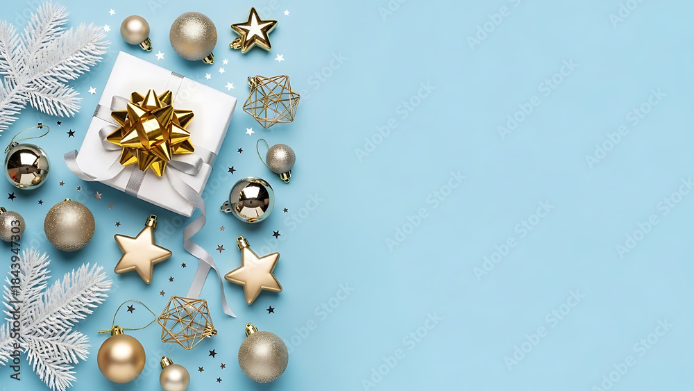 Fototapeta premium Festive Christmas decorations and gift box with ribbon on a pastel blue background