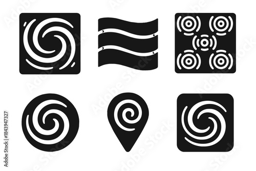 Spiral Water Icons. Solid style icons of spiral water interfaces: vortex frames, flowing panels, ripple grids, narrative markers,