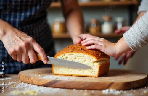 Bread loaf being sliced on a wooden board by two hands in a cozy kitchen