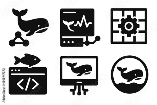Aquatic System Icons. Solid style icons of aquatic computation systems: whale outlines, data nodes, pulse markers, processing