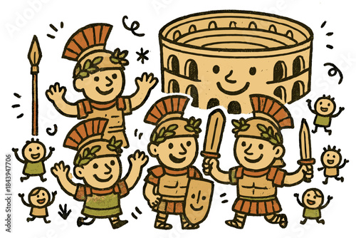 Whimsical Roman Reenactment. Whimsical doodle Roman reenactment with happy centurions, laurel crowns smiling, amphitheater with a