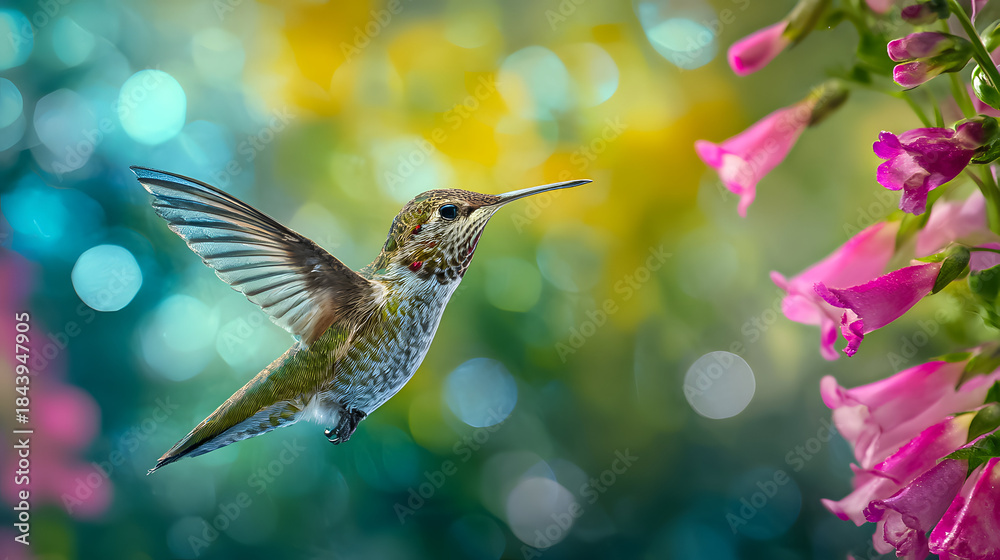 Naklejka premium Hummingbird hovering near pink flowers in a vibrant garden during daytime