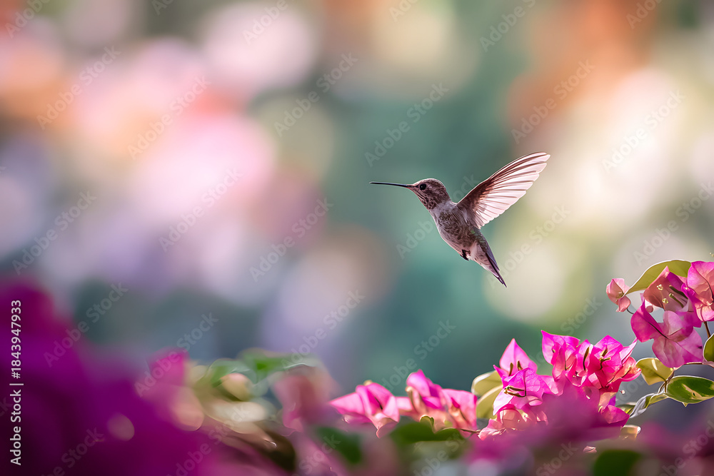 Naklejka premium Colorful hummingbird hovers near pink flowers in a garden during the day