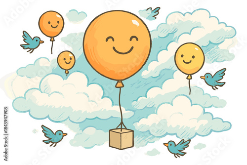 Balloon Sky Adventure. Weather balloon adventure with smiling balloons, birds escorting them, and clouds opening paths No text, No