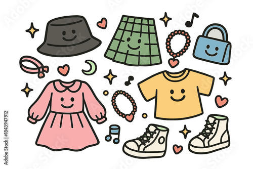 Cheerful Fashion Doodles. Cute doodle fashion subculture illustration with cheerful outfits, smiling hats and sneakers, cartoon