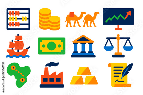 Economic History Icons. Flat vector icons of economic history: abacus, coin stack, trade caravan, stock market ticker, shipping
