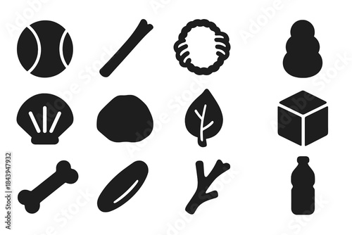 Animal Play Icons. Solid style icons of object play in animals: ball, stick, rope, toy, shell, rock, leaf, cube, bone, frisbee,