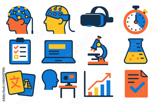 Neuroscience Experiment Icons. Flat vector icons of experimental tools in cultural neuroscience: EEG cap, fNIRS device, VR headset
