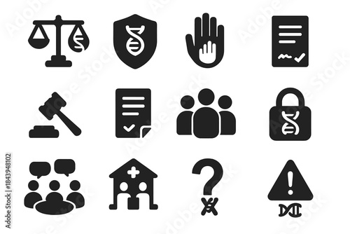Genetic Ethics Icons. Solid style icons of ethics in genetics: balance scales with DNA, shield with helix, stop sign hand with