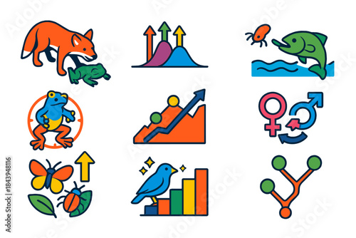 Evolutionary Adaptation Icons. Isometric vector illustration set Apparent purposefulness in organisms: adaptations in predator and
