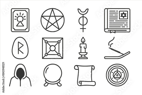 Arcane Symbols Collection. Line style icons of Arcane Study: Tarot Card, Pentacle, Hermetic Symbol, Secret Manuscript; Rune Stone,