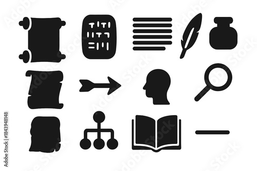 Ancient Writing Icons. Solid style icons of scriptio continua and early writing: ancient scroll, tablet, continuous text lines,