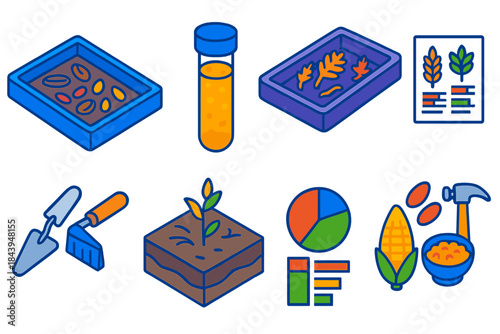Archaeobotany Icon Set. Isometric vector illustration set Archaeobotany analysis: ancient seeds, phytolith samples, plant remains
