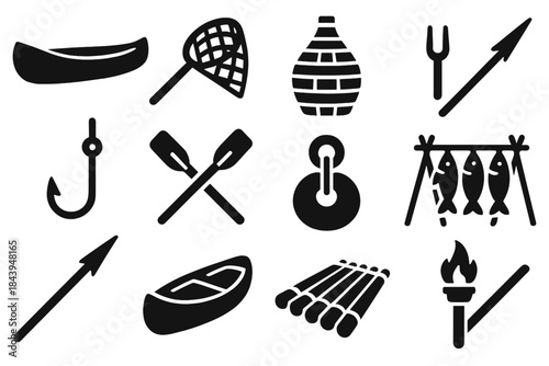 Traditional Fishing Icons. Solid style icons of traditional fishing methods: wooden canoe, hand net, woven basket trap, fishing