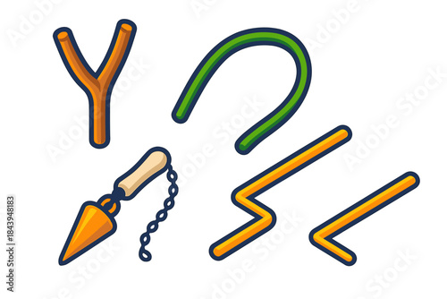 Vibrant Dowsing Tools. Isometric vector illustration set Dowsing Materials: Forked hazel branch, flexible willow stick, brass rod