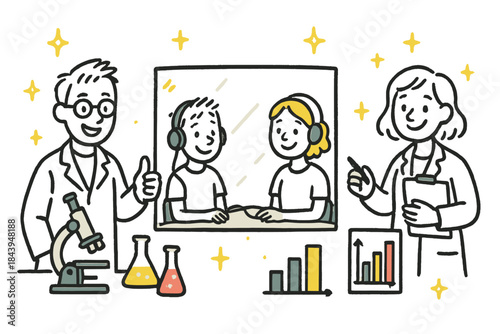 Playful Research Doodle. Playful doodle experimental trial setup with smiling researchers, cartoon participants, cheerful data