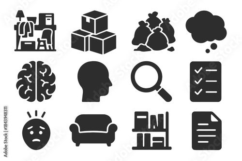 Hoarding Behavior Icons. Solid style icons of hoarding behavior and psychology: cluttered room, cardboard boxes, trash pile,