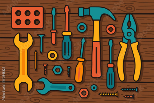Vibrant Tools Display. Creative flat lay of colorful tools and hardware on a rustic wooden table, vibrant and vector illustration