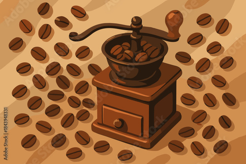 Artisan Coffee Harmony. Artistic vector illustration flat lay of artisan coffee beans scattered around a vintage grinder, rich