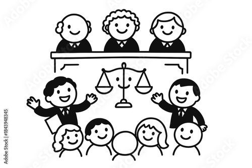 Playful Courtroom Doodle. Adorable doodle courtroom-style argument scene with smiling judges, cartoon lawyers waving, cheerful