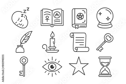 Occult Symbol Icons. Line style icons of Occult Reference: Dream Reading, Symbol Dictionary, Old Manuscript, Prophecy; Crystal