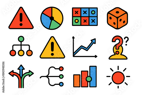 Risk Analysis Icons. Flat vector icons of risk and decision analysis: risk icon, probability wheel, payoff matrix, dice outcome,