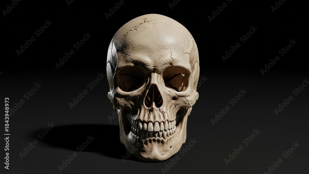 Obraz premium Human skull in darkness with dramatic shadows for halloween decoration design