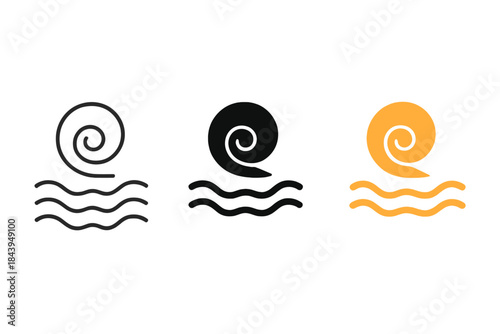Shell and Sand Icon. Abstract icon of shell curvature merging with wavy sand lines symbolizing tide retreat, first in line style