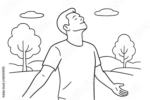 Breathing Under Open Sky. Individual standing in clearing breathing deeply under open sky and trees, first in line style with thin