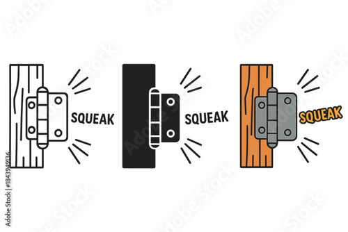 Vibrating Barn Door Hinge. Metal hinge on barn door showing tiny vibrations and audible squeak illustration, first in line style