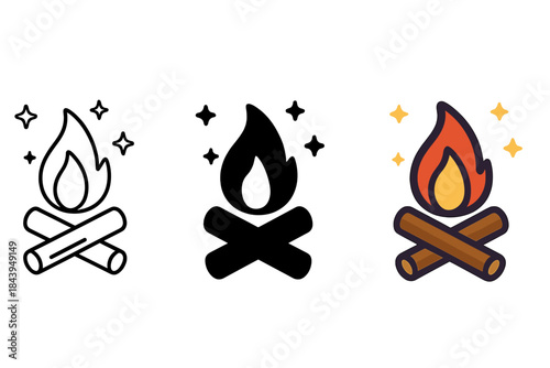 Bonfire Under Starry Sky. Bonfire, pair of logs, starry night sky, first in line style with thin outline, second in solid style