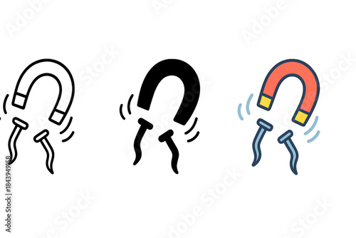 Floating Magnet Artistry. Magnet with curved nails, floating in air, motion trails, first in line style with thin outline, second